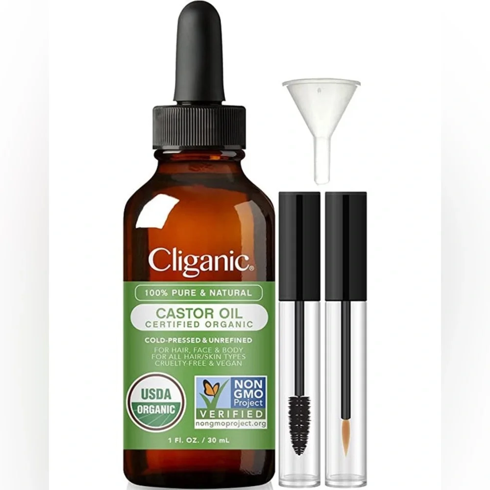 Cliganic Organic Castor Oil for Hair Brows Set pouch with Eyelash Eyebrow Wands